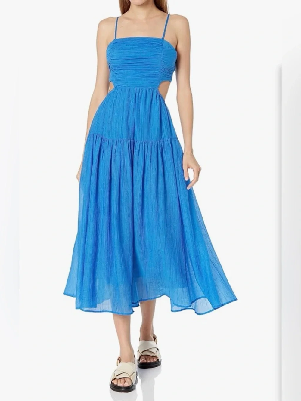 Moon River SHIRRED TIERED CUTOUT BACK TIE MIDI DRESS Size M